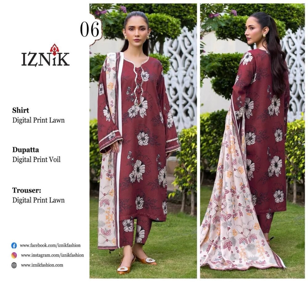 IZNIK 3 Piece Printed Lawn Suit With Printed Lawn Dupatta